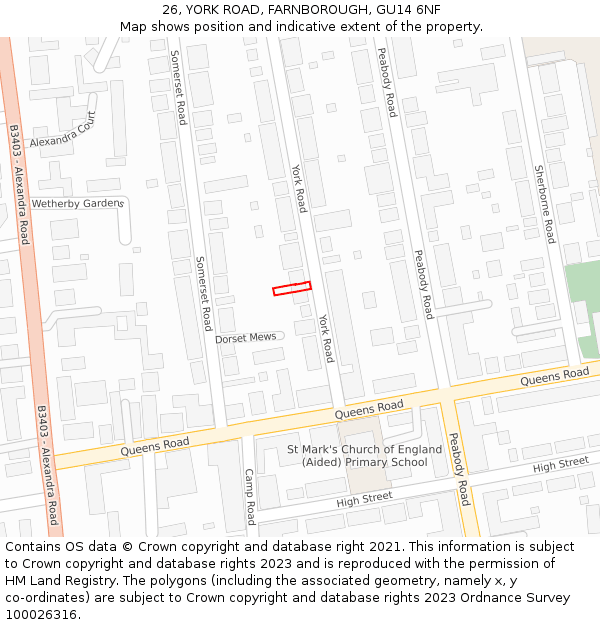 26, YORK ROAD, FARNBOROUGH, GU14 6NF: Location map and indicative extent of plot