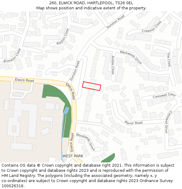 260, ELWICK ROAD, HARTLEPOOL, TS26 0EL: Location map and indicative extent of plot