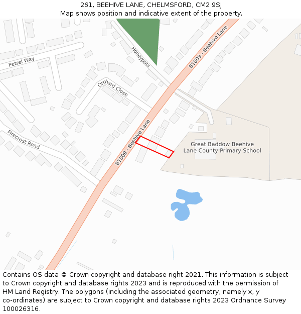 261, BEEHIVE LANE, CHELMSFORD, CM2 9SJ: Location map and indicative extent of plot