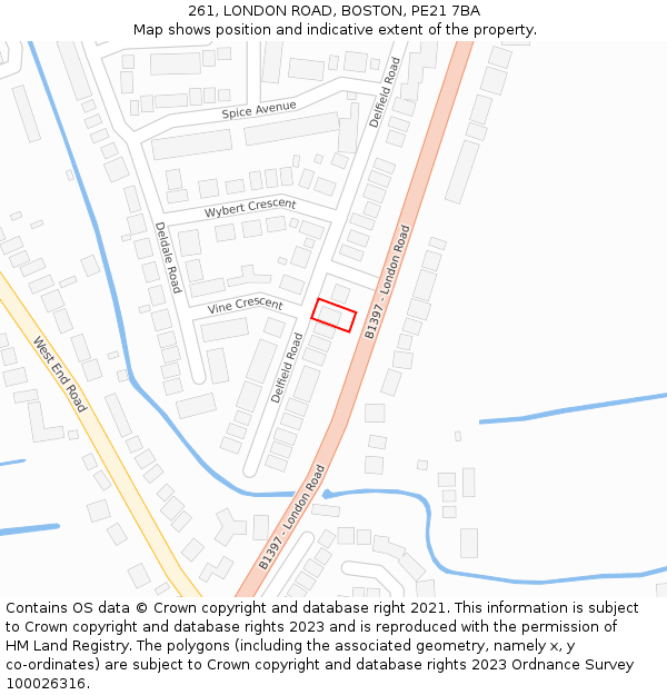 261, LONDON ROAD, BOSTON, PE21 7BA: Location map and indicative extent of plot