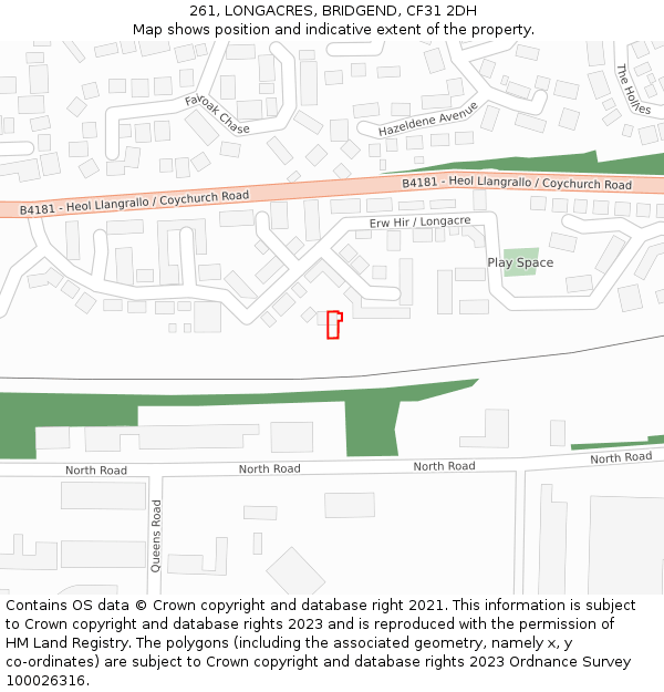 261, LONGACRES, BRIDGEND, CF31 2DH: Location map and indicative extent of plot