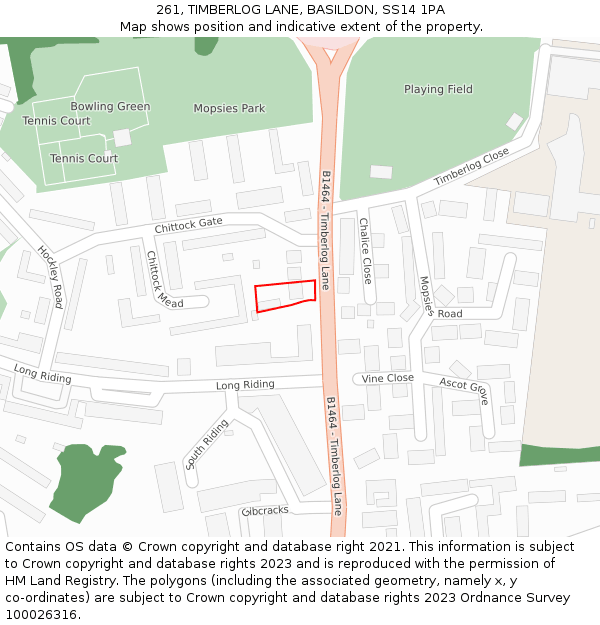 261, TIMBERLOG LANE, BASILDON, SS14 1PA: Location map and indicative extent of plot