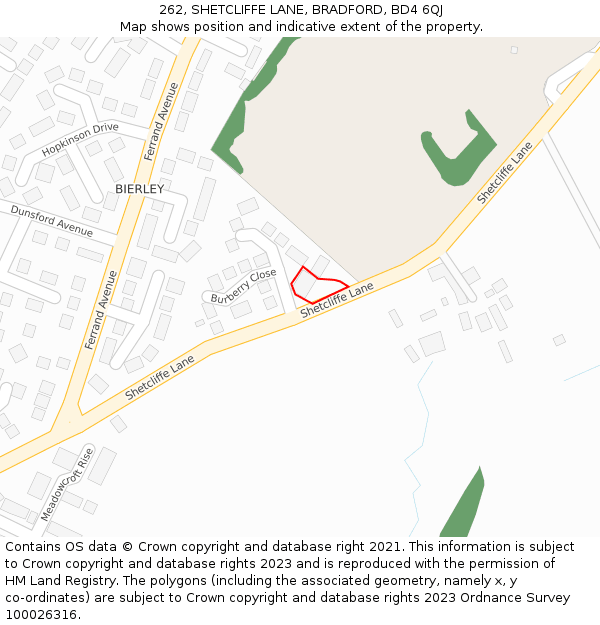 262, SHETCLIFFE LANE, BRADFORD, BD4 6QJ: Location map and indicative extent of plot