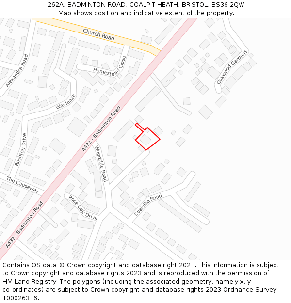 262A, BADMINTON ROAD, COALPIT HEATH, BRISTOL, BS36 2QW: Location map and indicative extent of plot