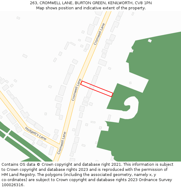 263, CROMWELL LANE, BURTON GREEN, KENILWORTH, CV8 1PN: Location map and indicative extent of plot
