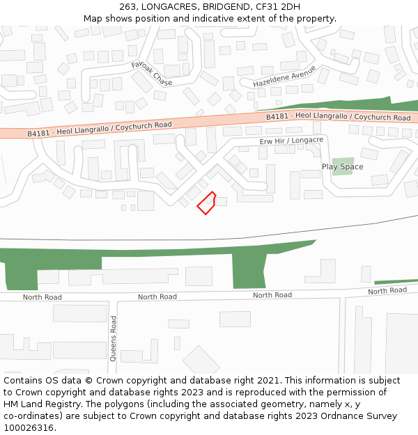 263, LONGACRES, BRIDGEND, CF31 2DH: Location map and indicative extent of plot