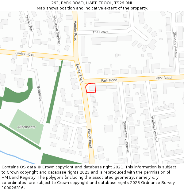 263, PARK ROAD, HARTLEPOOL, TS26 9NL: Location map and indicative extent of plot