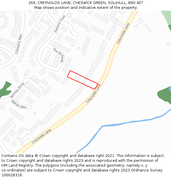264, CREYNOLDS LANE, CHESWICK GREEN, SOLIHULL, B90 4ET: Location map and indicative extent of plot