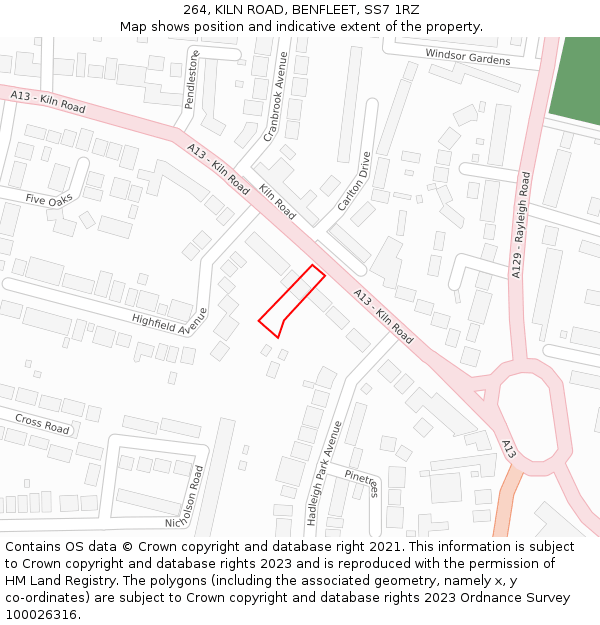 264, KILN ROAD, BENFLEET, SS7 1RZ: Location map and indicative extent of plot