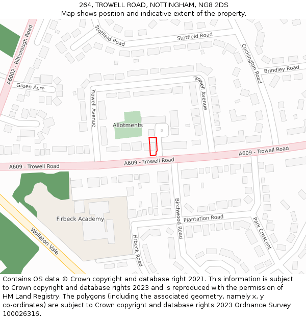 264, TROWELL ROAD, NOTTINGHAM, NG8 2DS: Location map and indicative extent of plot