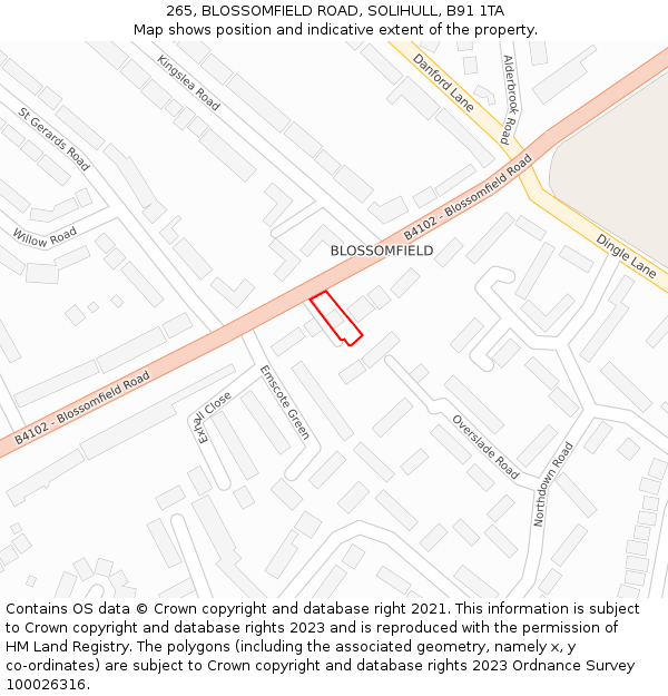 265, BLOSSOMFIELD ROAD, SOLIHULL, B91 1TA: Location map and indicative extent of plot