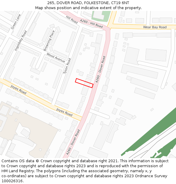 265, DOVER ROAD, FOLKESTONE, CT19 6NT: Location map and indicative extent of plot