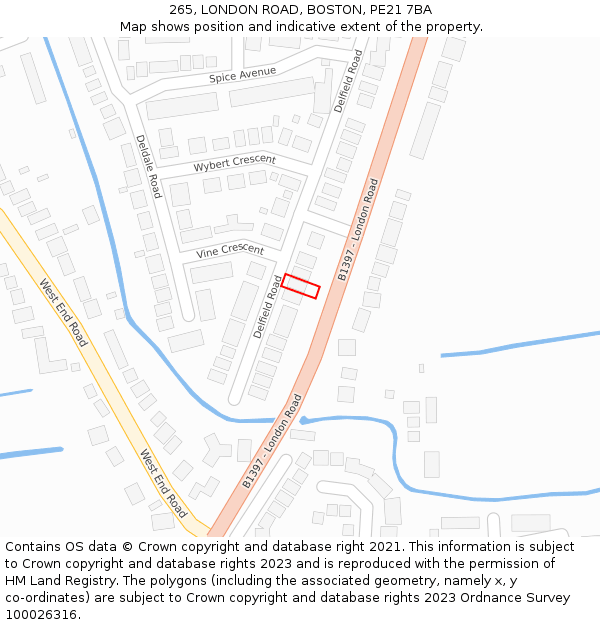 265, LONDON ROAD, BOSTON, PE21 7BA: Location map and indicative extent of plot