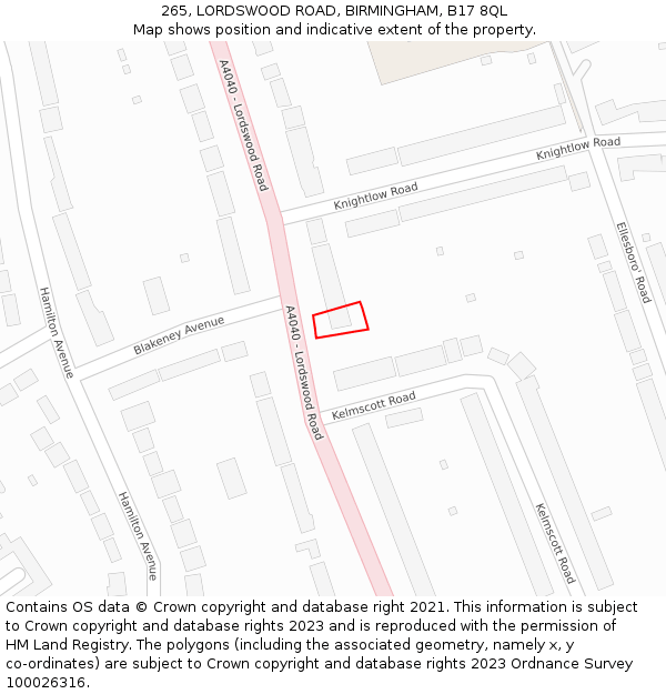265, LORDSWOOD ROAD, BIRMINGHAM, B17 8QL: Location map and indicative extent of plot