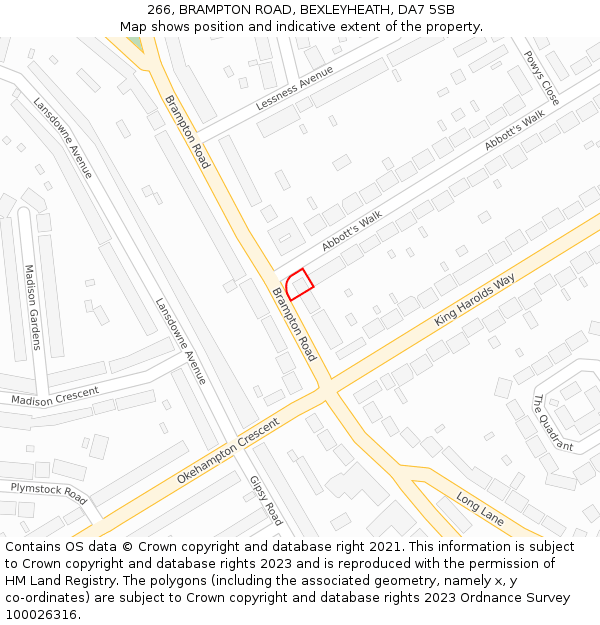 266, BRAMPTON ROAD, BEXLEYHEATH, DA7 5SB: Location map and indicative extent of plot