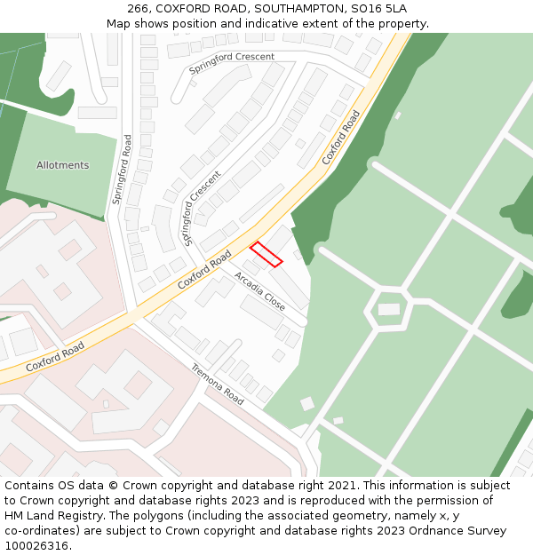 266, COXFORD ROAD, SOUTHAMPTON, SO16 5LA: Location map and indicative extent of plot