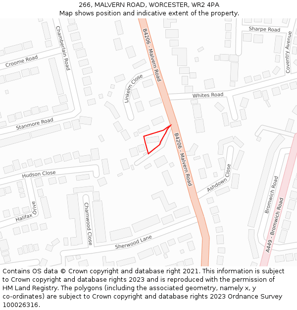 266, MALVERN ROAD, WORCESTER, WR2 4PA: Location map and indicative extent of plot