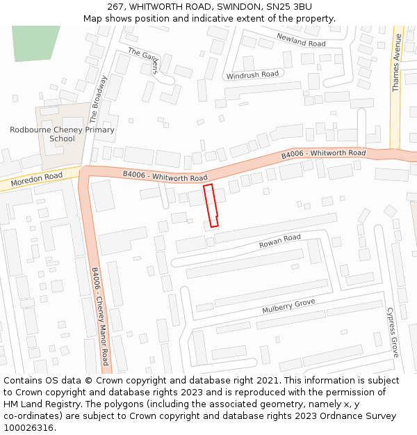267, WHITWORTH ROAD, SWINDON, SN25 3BU: Location map and indicative extent of plot