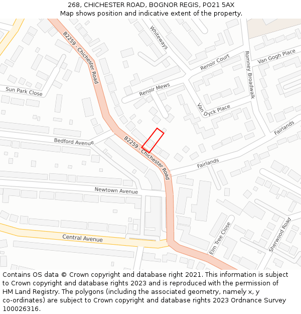 268, CHICHESTER ROAD, BOGNOR REGIS, PO21 5AX: Location map and indicative extent of plot