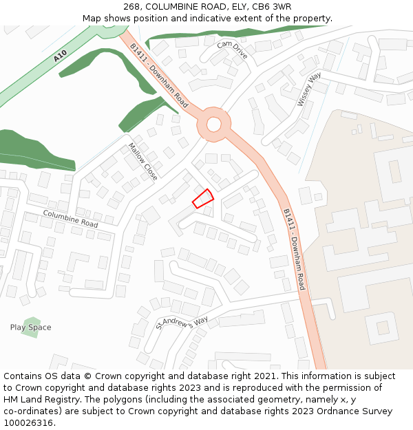 268, COLUMBINE ROAD, ELY, CB6 3WR: Location map and indicative extent of plot