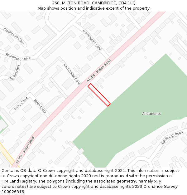 268, MILTON ROAD, CAMBRIDGE, CB4 1LQ: Location map and indicative extent of plot