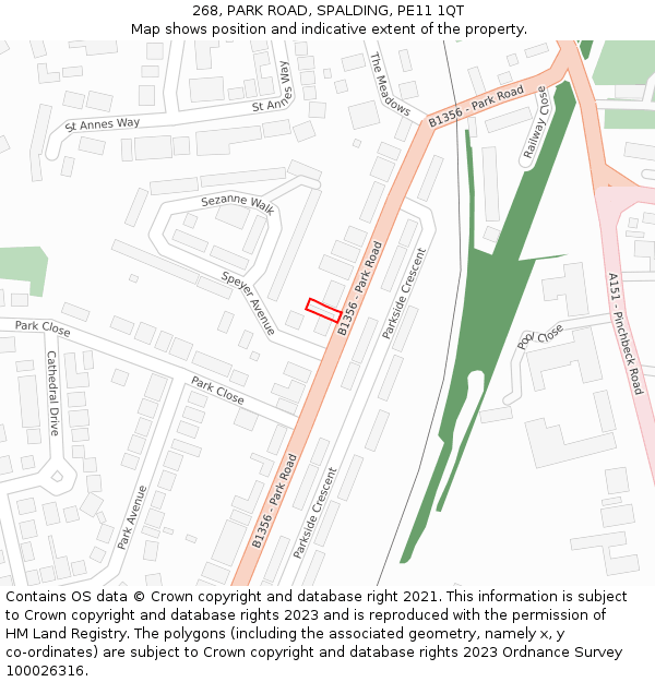 268, PARK ROAD, SPALDING, PE11 1QT: Location map and indicative extent of plot