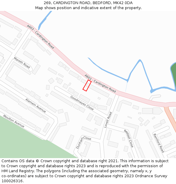 269, CARDINGTON ROAD, BEDFORD, MK42 0DA: Location map and indicative extent of plot