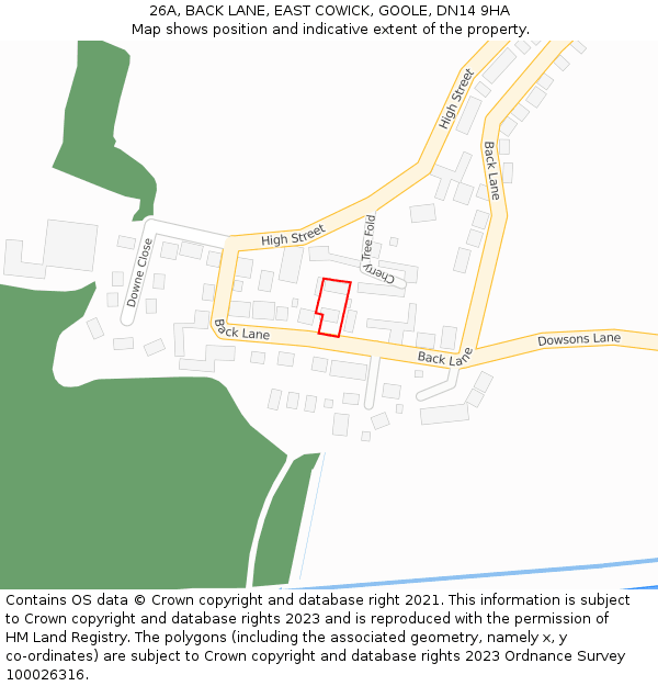 26A, BACK LANE, EAST COWICK, GOOLE, DN14 9HA: Location map and indicative extent of plot