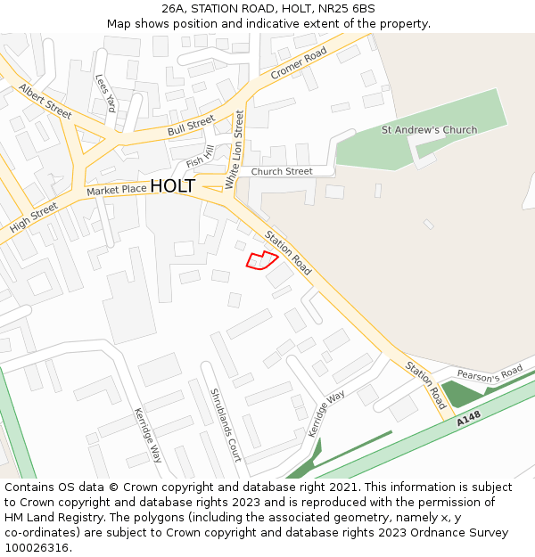 26A, STATION ROAD, HOLT, NR25 6BS: Location map and indicative extent of plot