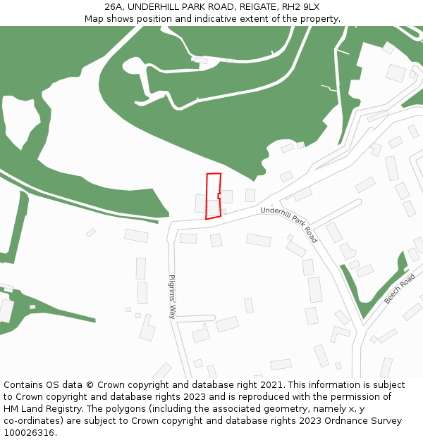26A, UNDERHILL PARK ROAD, REIGATE, RH2 9LX: Location map and indicative extent of plot