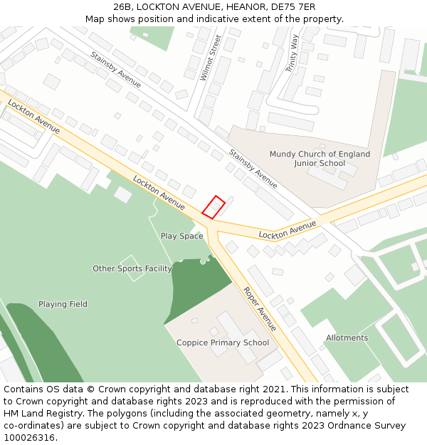 26B, LOCKTON AVENUE, HEANOR, DE75 7ER: Location map and indicative extent of plot