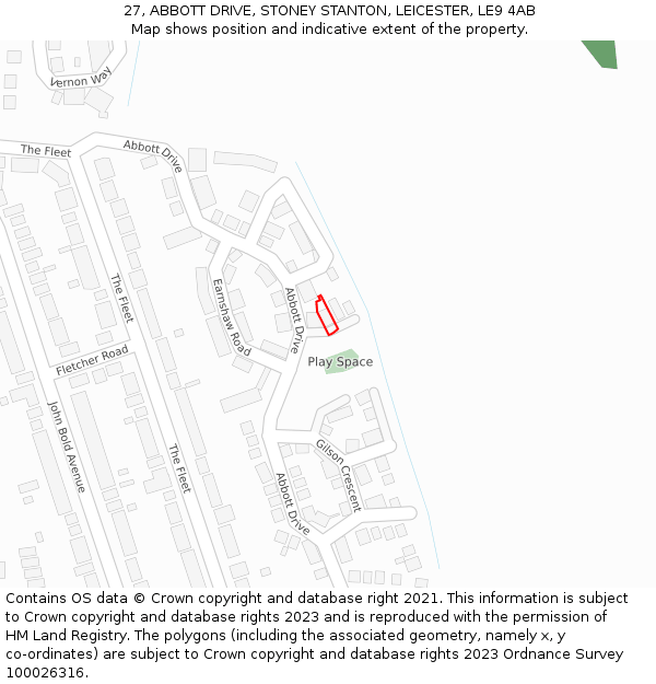 27, ABBOTT DRIVE, STONEY STANTON, LEICESTER, LE9 4AB: Location map and indicative extent of plot