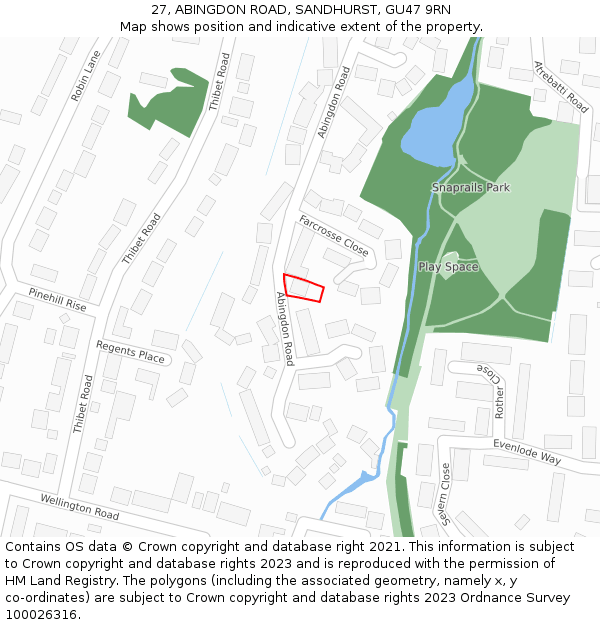 27, ABINGDON ROAD, SANDHURST, GU47 9RN: Location map and indicative extent of plot