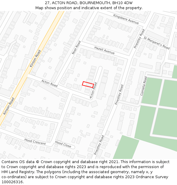 27, ACTON ROAD, BOURNEMOUTH, BH10 4DW: Location map and indicative extent of plot