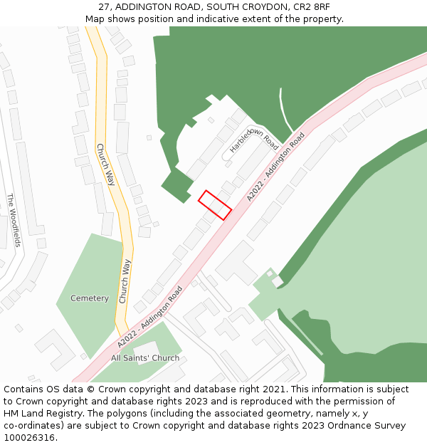 27, ADDINGTON ROAD, SOUTH CROYDON, CR2 8RF: Location map and indicative extent of plot