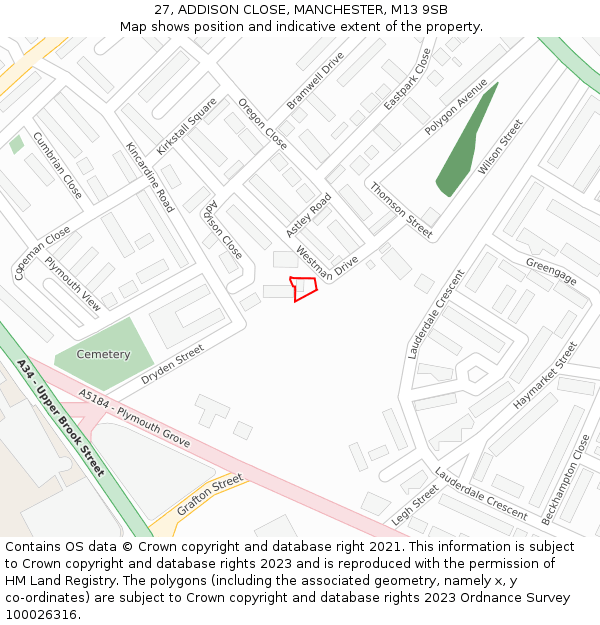 27, ADDISON CLOSE, MANCHESTER, M13 9SB: Location map and indicative extent of plot