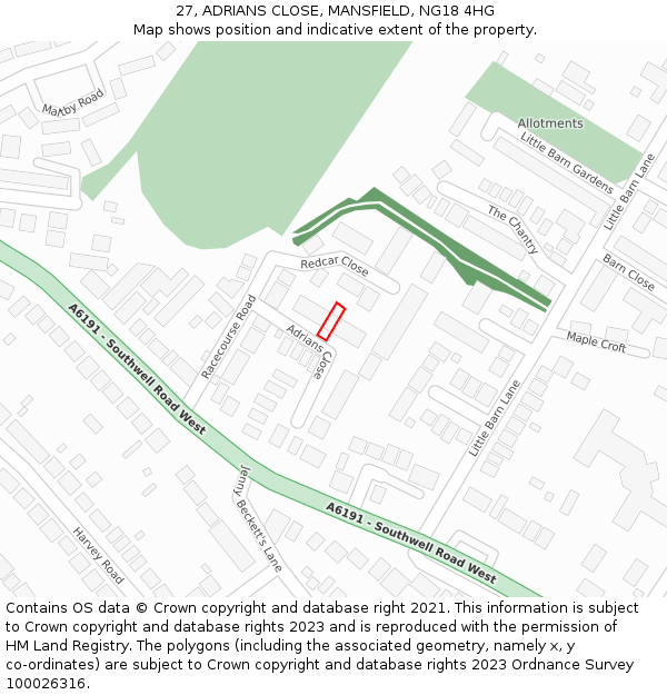 27, ADRIANS CLOSE, MANSFIELD, NG18 4HG: Location map and indicative extent of plot