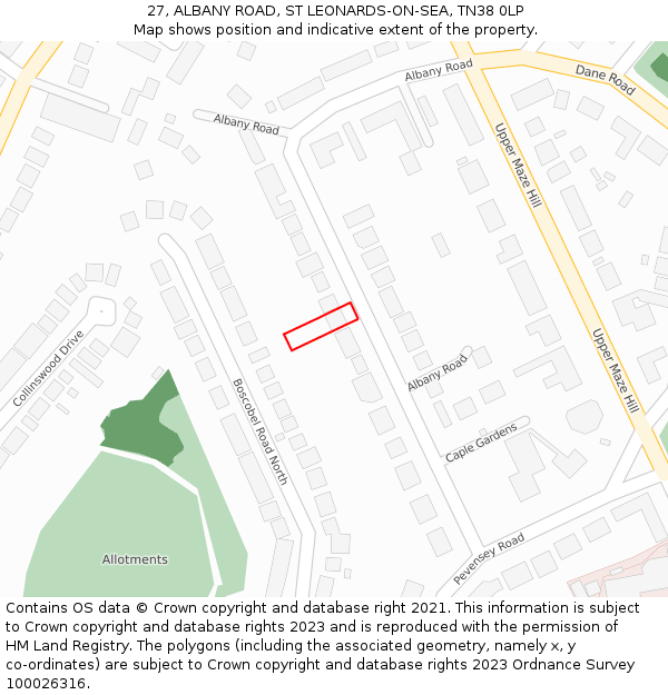 27, ALBANY ROAD, ST LEONARDS-ON-SEA, TN38 0LP: Location map and indicative extent of plot