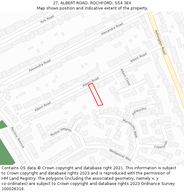 27, ALBERT ROAD, ROCHFORD, SS4 3EX: Location map and indicative extent of plot