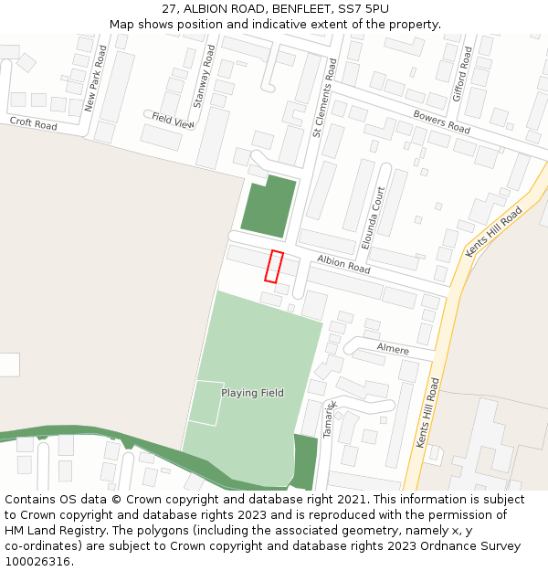 27, ALBION ROAD, BENFLEET, SS7 5PU: Location map and indicative extent of plot