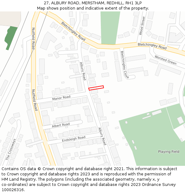 27, ALBURY ROAD, MERSTHAM, REDHILL, RH1 3LP: Location map and indicative extent of plot