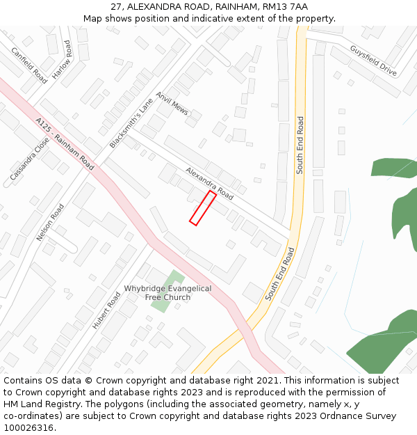 27, ALEXANDRA ROAD, RAINHAM, RM13 7AA: Location map and indicative extent of plot