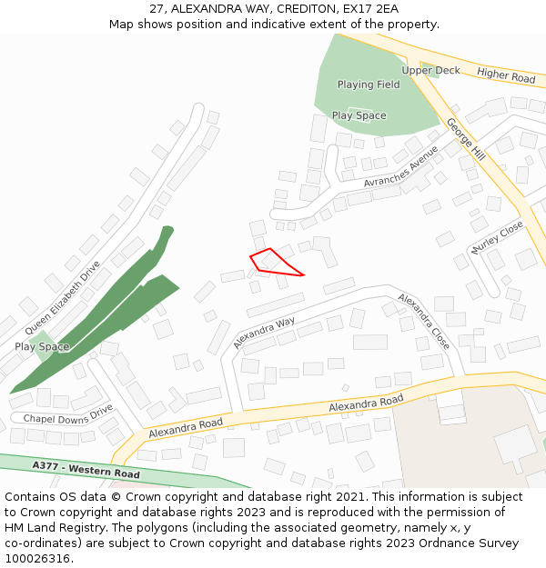 27, ALEXANDRA WAY, CREDITON, EX17 2EA: Location map and indicative extent of plot