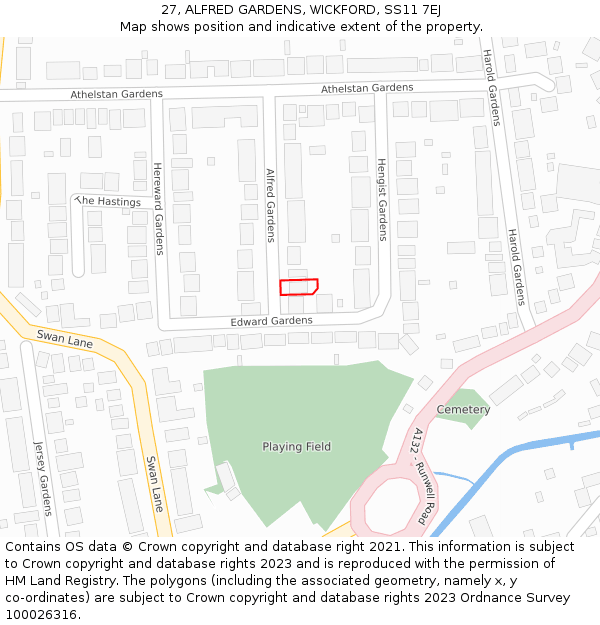 27, ALFRED GARDENS, WICKFORD, SS11 7EJ: Location map and indicative extent of plot