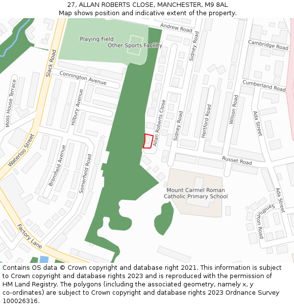 27, ALLAN ROBERTS CLOSE, MANCHESTER, M9 8AL: Location map and indicative extent of plot