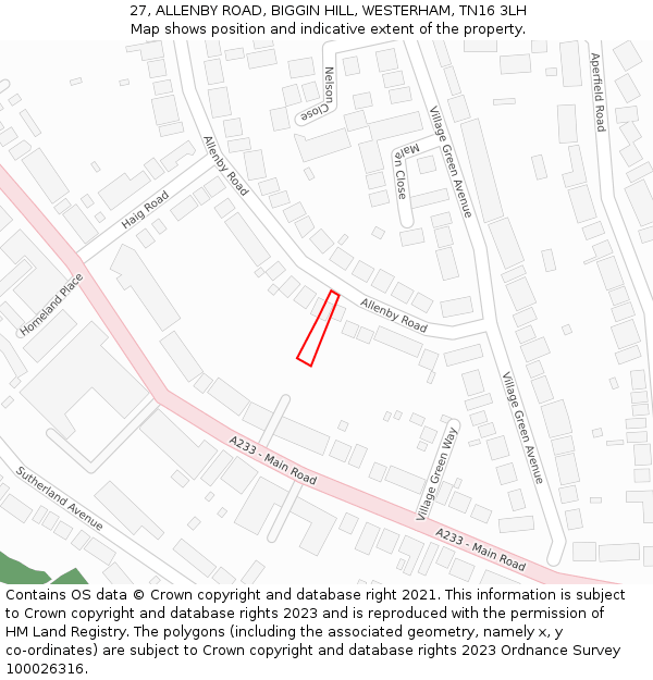 27, ALLENBY ROAD, BIGGIN HILL, WESTERHAM, TN16 3LH: Location map and indicative extent of plot