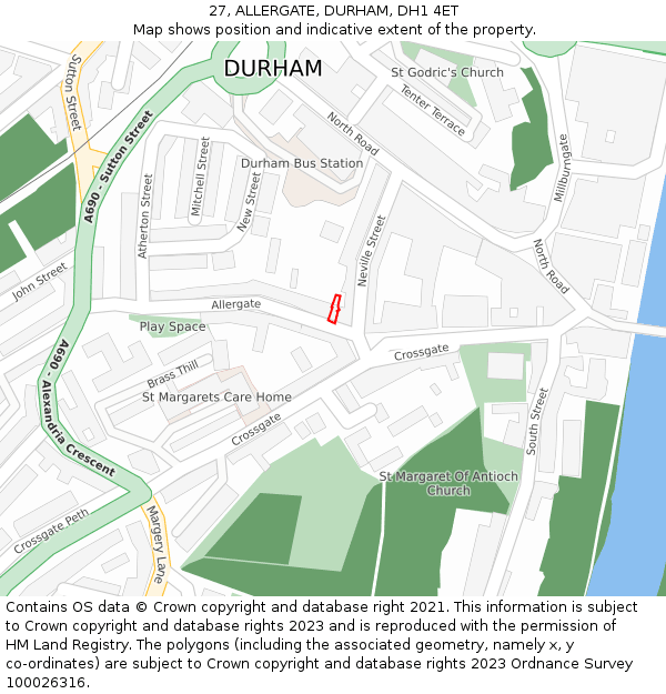 27, ALLERGATE, DURHAM, DH1 4ET: Location map and indicative extent of plot
