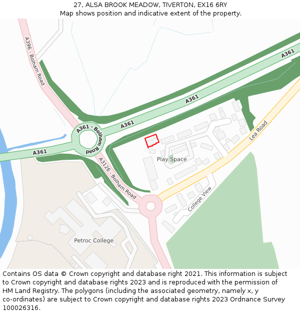 27, ALSA BROOK MEADOW, TIVERTON, EX16 6RY: Location map and indicative extent of plot