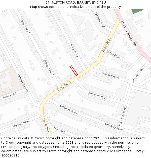 27, ALSTON ROAD, BARNET, EN5 4EU: Location map and indicative extent of plot