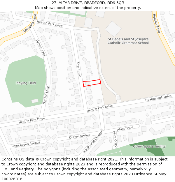 27, ALTAR DRIVE, BRADFORD, BD9 5QB: Location map and indicative extent of plot